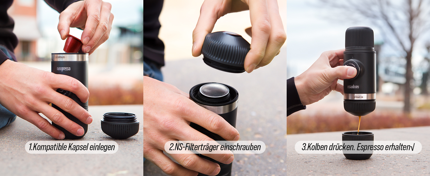 WACACO Nanopresso: портативна кавомашина для еспресо, сумісна з Nespresso® та змеленим кави, для подорожей та кемпінгу