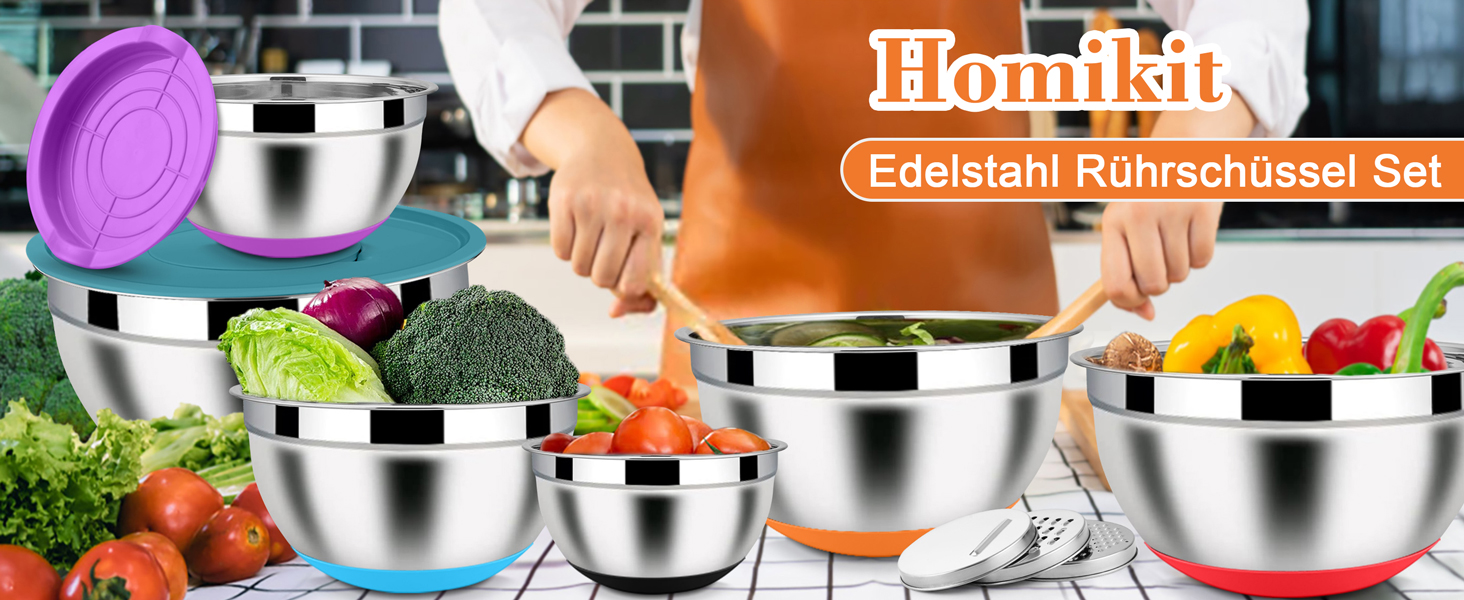 Набір місок Homikit з нержавіючої сталі, 6 шт. з тертками, кришками та силіконовим дном, 4.6/2.8/2.5/1.6/1.2/0.7 л, багатобарвний