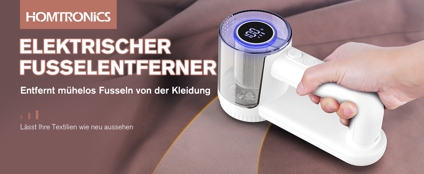 Електричний видальник ворсу Homtronics з USB-зарядкою, LED-дисплеєм та 6-кліновою головкою для одягу, диванів та килимів (білий)