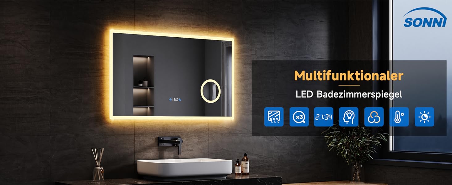 Дзеркало для ванної кімнати SONNI з підсвічуванням 80x60 см, 3 кольори світла, проти запотівання, LED, сенсорне управління, годинник, температура, 3x збільшення