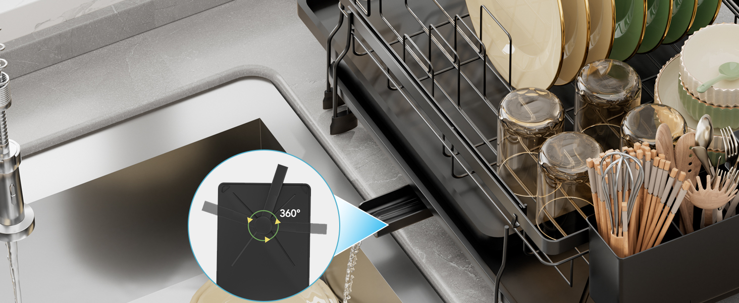 Сушарка для посуду ROTTOGOON розширювана, чорна: складана стійка з нержавіючої сталі, зливний жолоб та відділення для столових приборів