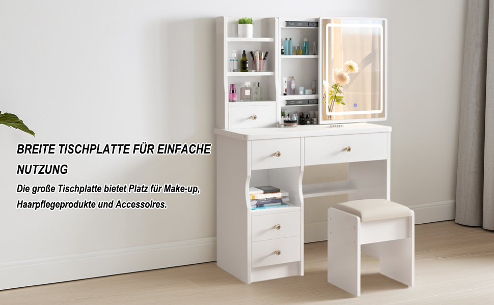 Дзеркальний туалетний столик DATO з LED-підсвічуванням, 3 колірні температури та регулюванням яскравості, з пуфом, 5 шухляд та 3 полиці, з розсувним дзеркалом (T68)