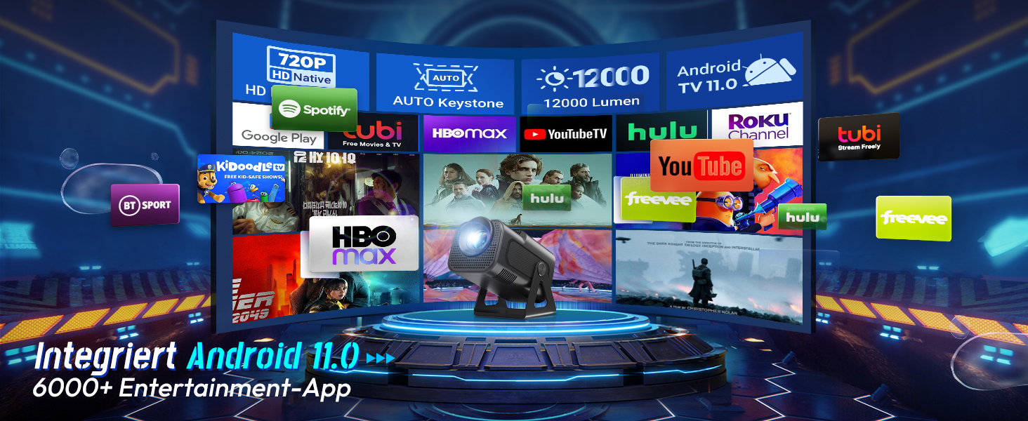 Портативний проєктор Xgody Gimbal 3: 12000 Люмен, Android 11.0, WiFi 6, Bluetooth, 720P HD (підтримка 4K), Автоматичне вирівнювання зображення, для домашнього кінотеатру (білий/чорний)