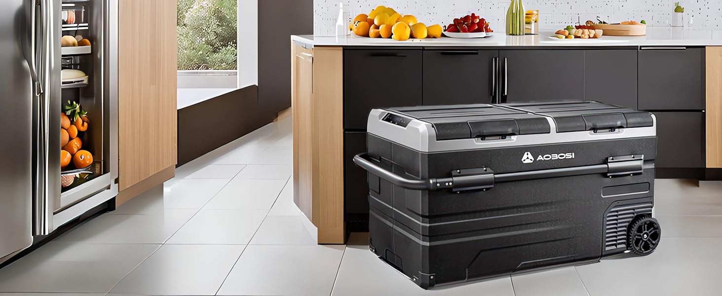 Компресорна холодильна сумка AAOBOSI з двома зонами, 115L, з Wi-Fi, USB, 12/24/240V, -20°C до 20°C для авто, вантажівки, човна, кемпінгу
