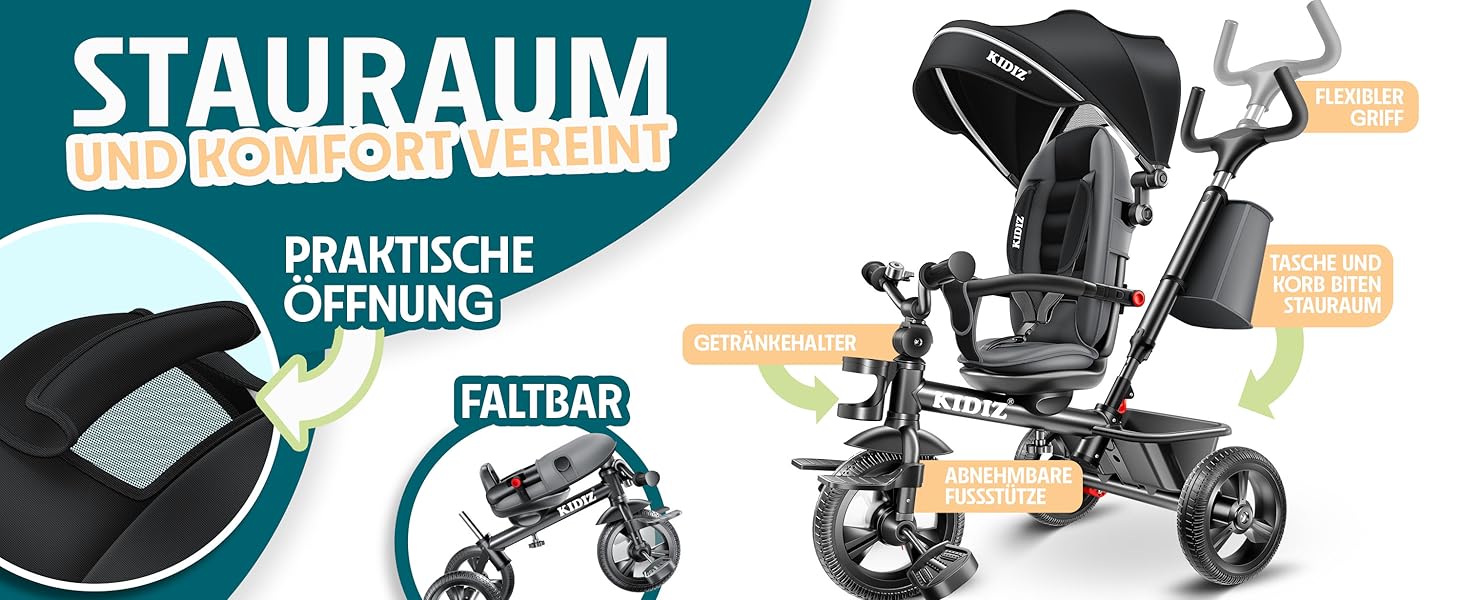 Дитячий триколісний велосипед KIDIZ 6-в-1: з ручкою, кошиком, сонцезахисним дахом, до 25 кг, сірий