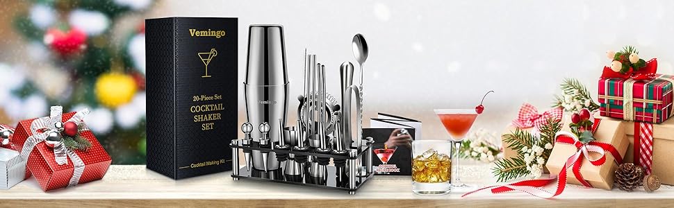 Подарунковий набір для коктейлів 20 предметів: шейкер, стійка акрилова 360°, мірний стакан, барний набір 750 мл, нержавіюча сталь