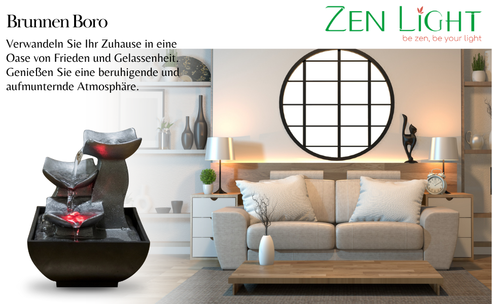 Фонтан для дому Zen'Light Boro: розслаблюючий водоспад з LED-підсвіткою для вітальні, спальні, офісу. Ідеальний для медитації та релаксації. Замкнутий цикл, H 18 см