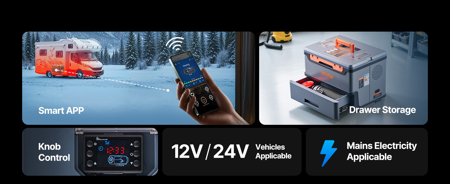 Дизельний опалювач VEVOR 8 кВт, 12/24V, портативний, з Bluetooth, пультом ДУ та LCD, 5л бак, для вантажівок та автодому