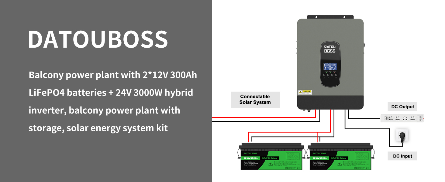 Акумулятор DATOUBOSS 12V 300Ah LiFePO4, 200A BMS, 8000 циклів, 3840 Вт, для сонячної батареї, автофургону, автономного живлення