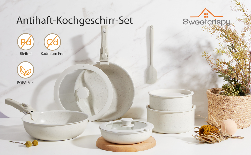 Набір посуду Sweetcrispy: 12 предметів (сковороди, каструлі) з антипригарним покриттям, для індукції та духовки, 20/26 см, 18/20 см, 26 см, знімні ручки, бежевий