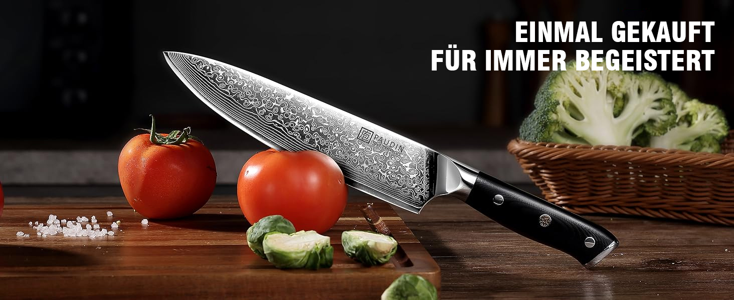 PAUDIN Profi: Ніж кухонний з лезом з нержавіючої сталі, 20 см, Дамаск, Ергономічна ручка, для професійних та аматорських кухарів, подарунок