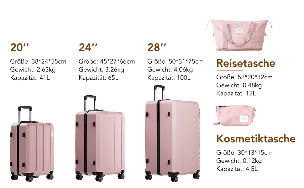 Набір валіз Vallsero: 5 шт., ABS, TSA-замок, рожеве золото. Чемодани, валізи, дорожні сумки, набір валіз