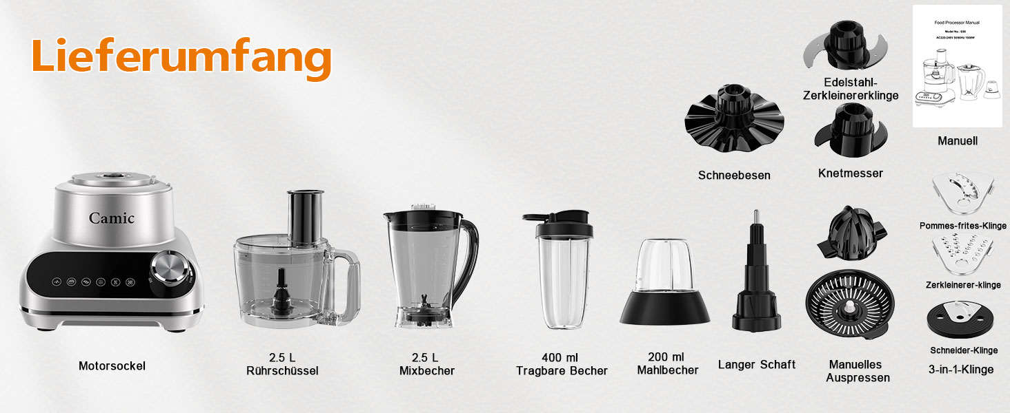 Кухонний комбайн Camic 1500W з мискою 2.5л, 6 програм, подрібнювач, нарізач, міксер – аксесуари, для дому (Silver-up)