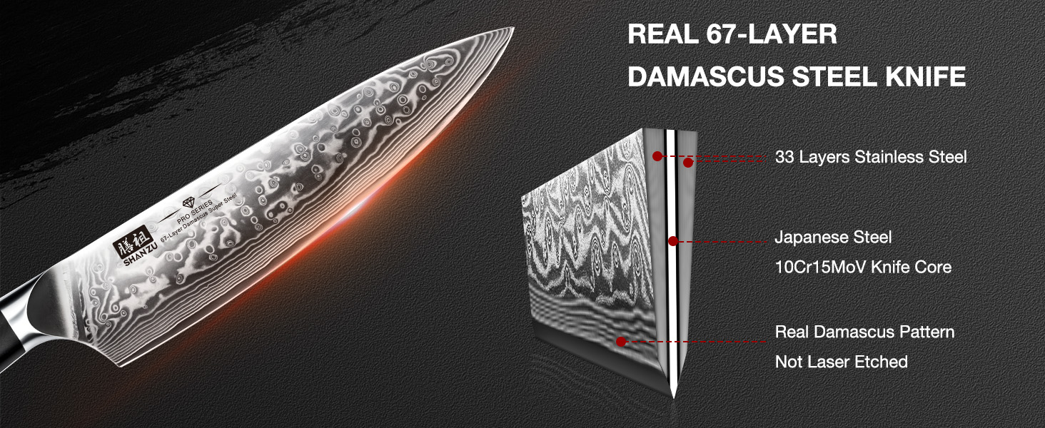 Набір кухонних ножів SHAN ZU PRO Series з дамаської сталі (67 шарів) з ручкою G10, 20 см (набір з бруском)