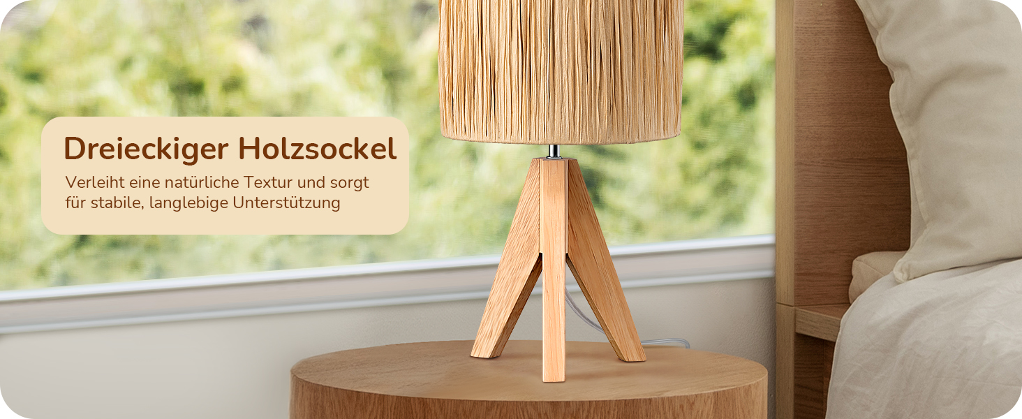 EDISHINE Настільна лампа з ручним плетінням, тепле світло 2700K, дерев'яний штатив, Boho стиль, для спальні, вітальні, готелю, з LED лампою E27 4W, абажур з ротангового паперу