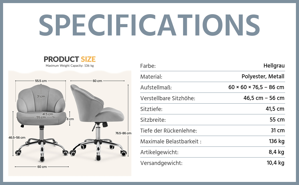 Крісло для дому та офісу Yaheetech, крісло для макіяжу, офісне крісло з регулюванням висоти, поворотне, з м'якою спинкою у формі мушлі, на коліщатках, з велюру, до 136 кг, білий (світло-сірий)