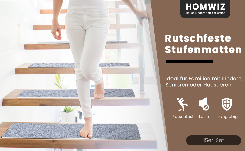 Килимок на сходи Homwiz, 15 шт., антиковзкий, самоклеючий, 55x19 см, сірий