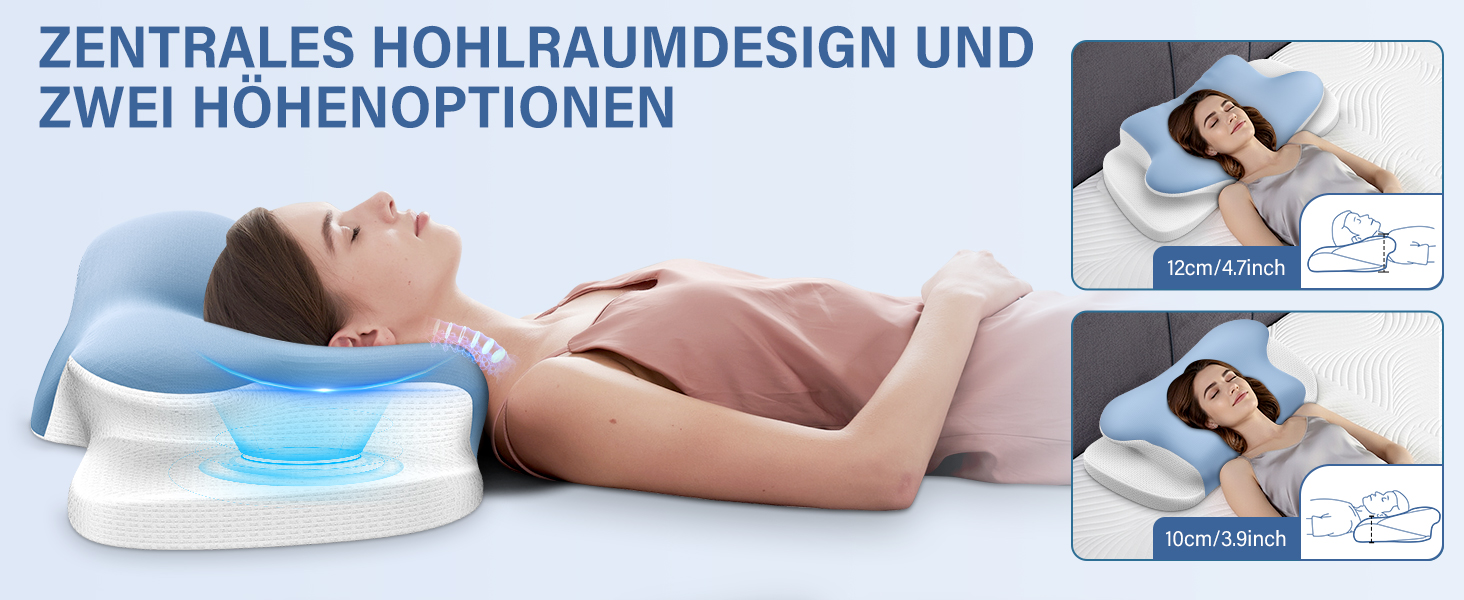 Подушка для шиї з піною з пам'яті, дихаюча, ергономічна, 65x37x10/12 см (Блакитна)