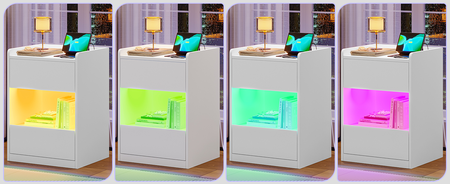 Нічний столик AOGLLATI з LED-підсвічуванням та зарядкою, 2 шухляди та полиця, білий (40x35x60 см)