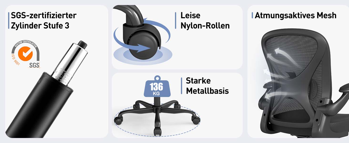 Ергономічне крісло для офісу ZZH з сітчастою спинкою, регульованою поперековою підтримкою та підйомними підлокітниками, дихаючий комп'ютерний стілець для дому з 360° обертанням та регулюванням висоти (Чорний)