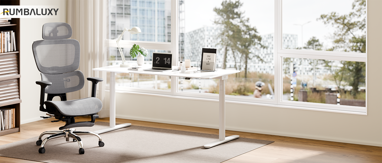 Ергономічне офісне крісло Voll-Mesh з підголівником, підставкою для ніг, регульованою спинкою, підлокітниками, саморегульованою поперековою підтримкою, PU-колесами, поворотним на 360°, навантаження до 150 кг, (Світло-сірий)