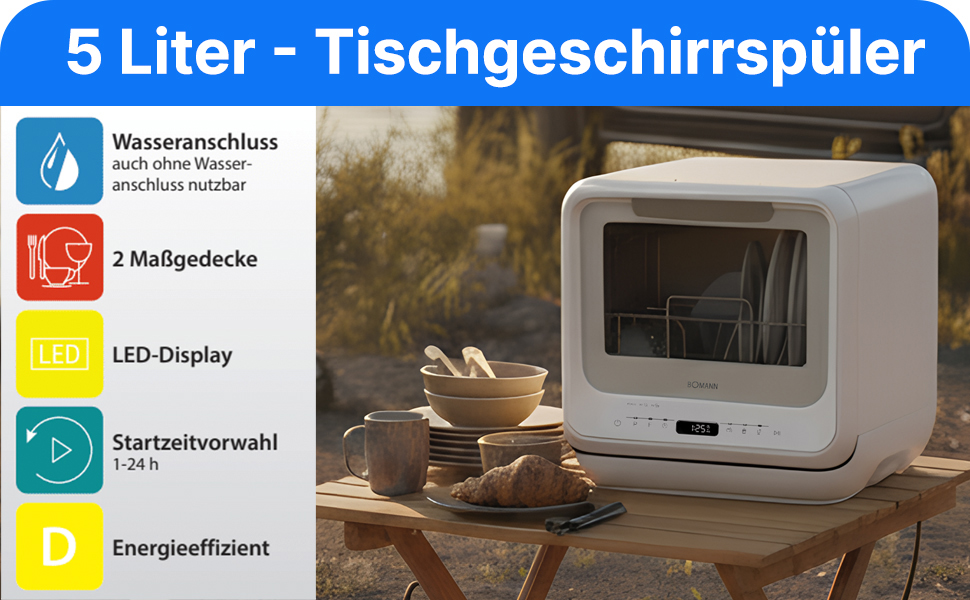 Посудомийна машина Bomann® TSG 5704: компактна, для кемпінгу, з підключенням/без, 36-70°C, 6 програм, 42 см