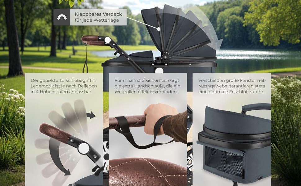 Дитяча коляска Tectake 2 в 1, розкладна, з люлькою, вагончиком, підстаканником, дощовиком, сірого кольору