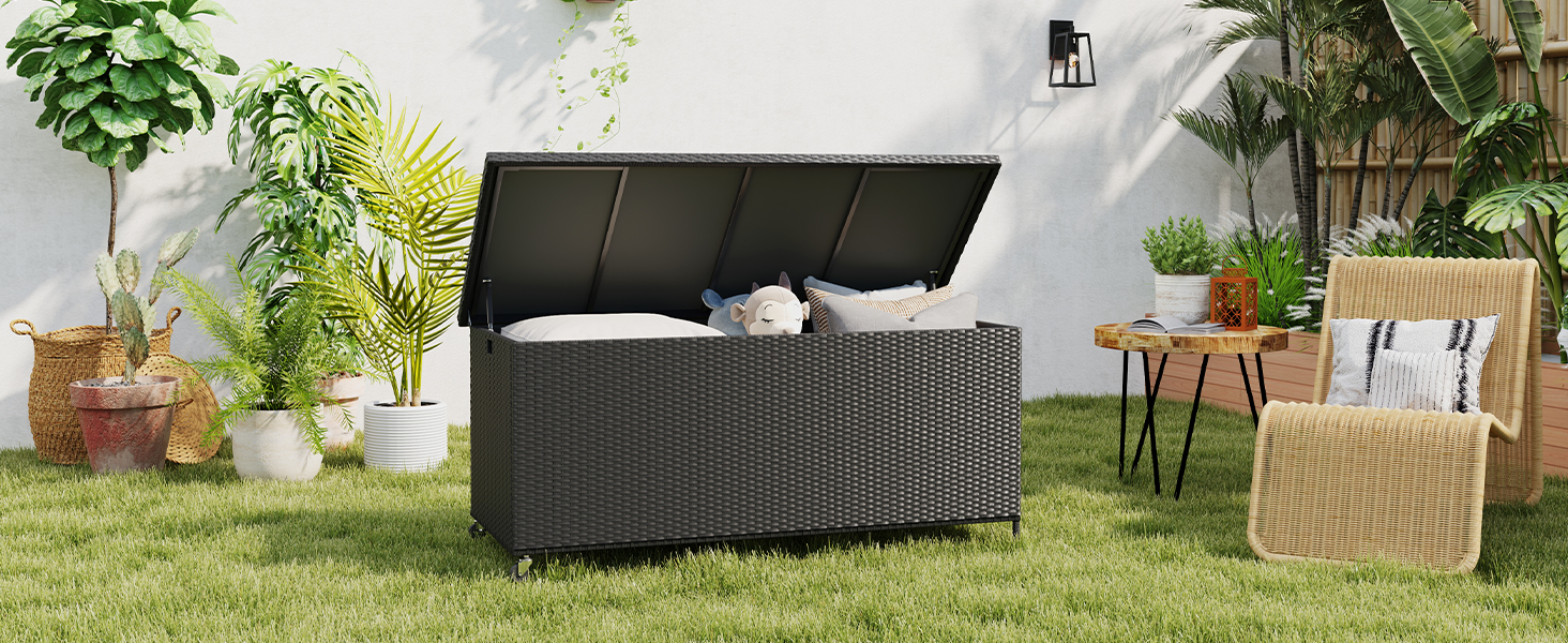 Водонепроникний садовий ящик Amopatio Gartenbox 480л з поліротангу, металевий ящик для подушок на колесах з газліфтом, чорний