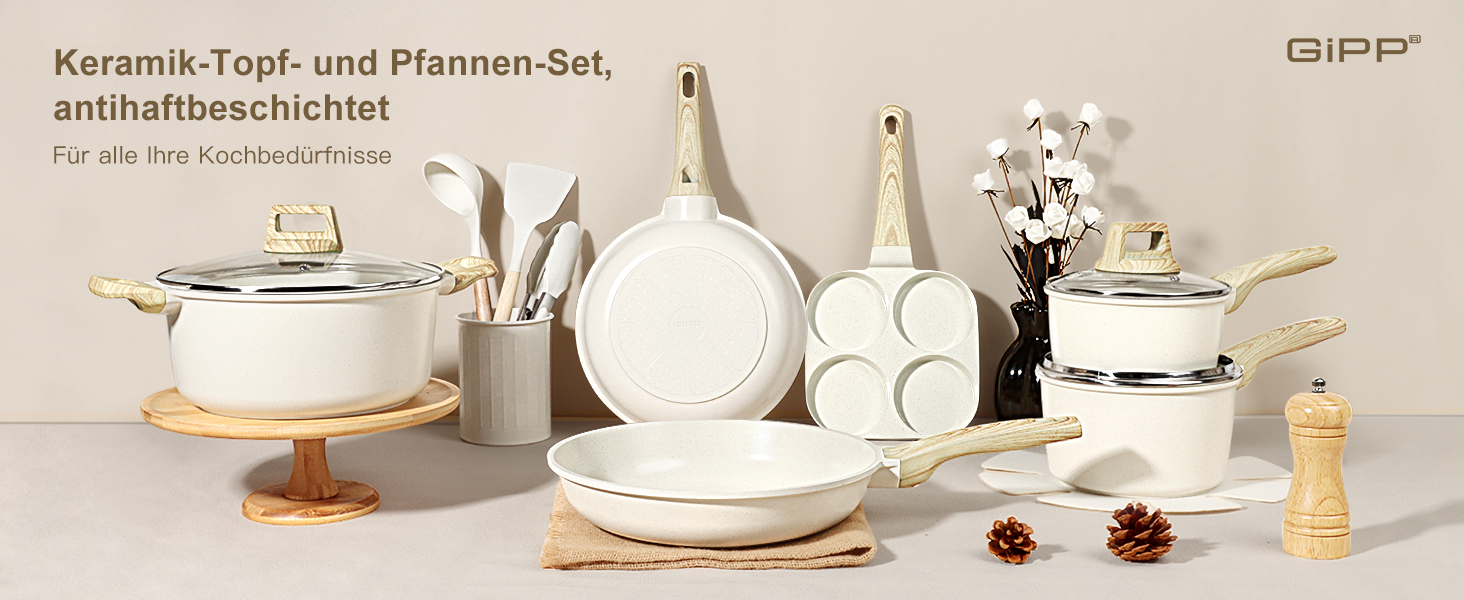Набір кухонного посуду GiPP з керамічним покриттям, антипригарний, придатний для миття в посудомийній машині, без PFAS, білий, 17 предметів