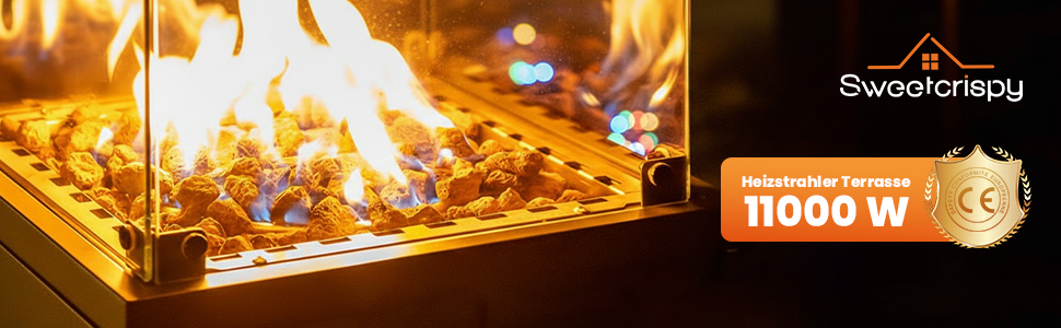 Газовий обігрівач Sweetcrispy для тераси 11 кВт, чорний. Модель для вулиці, з поворотним підставою та захистом від перекидання. Газовий нагрівач для саду та відпочинку на відкритому повітрі. Працює на пропані/бутані. (Газовий балон не входить у комплект)
