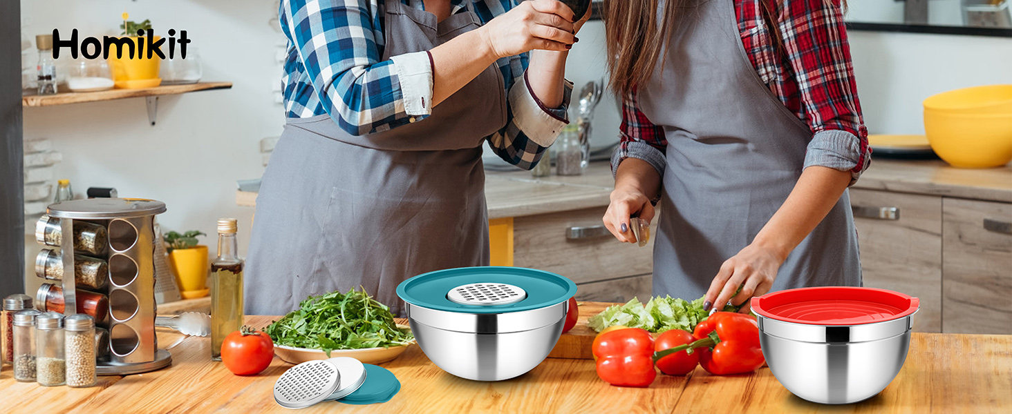 Набір мисок Homikit (5 шт.) з нержавіючої сталі з кришкою та силіконовим дном. Багатофункціональний, стековий, придатний для миття в посудомийній машині, 6.6L / 3.5L / 2.5L / 1.5L / 1L (Кольоровий, з 3 терками)