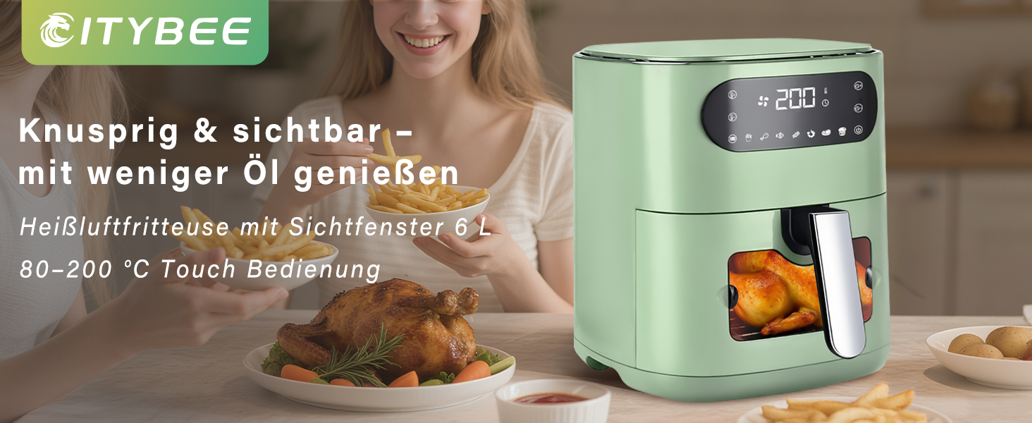 Аерофритюрниця Citybee XXL 10L (5L+5L) з двома камерами та вікном, Dual Zone Airfryer 2200W, сенсорне керування, таймер 24г, зелена