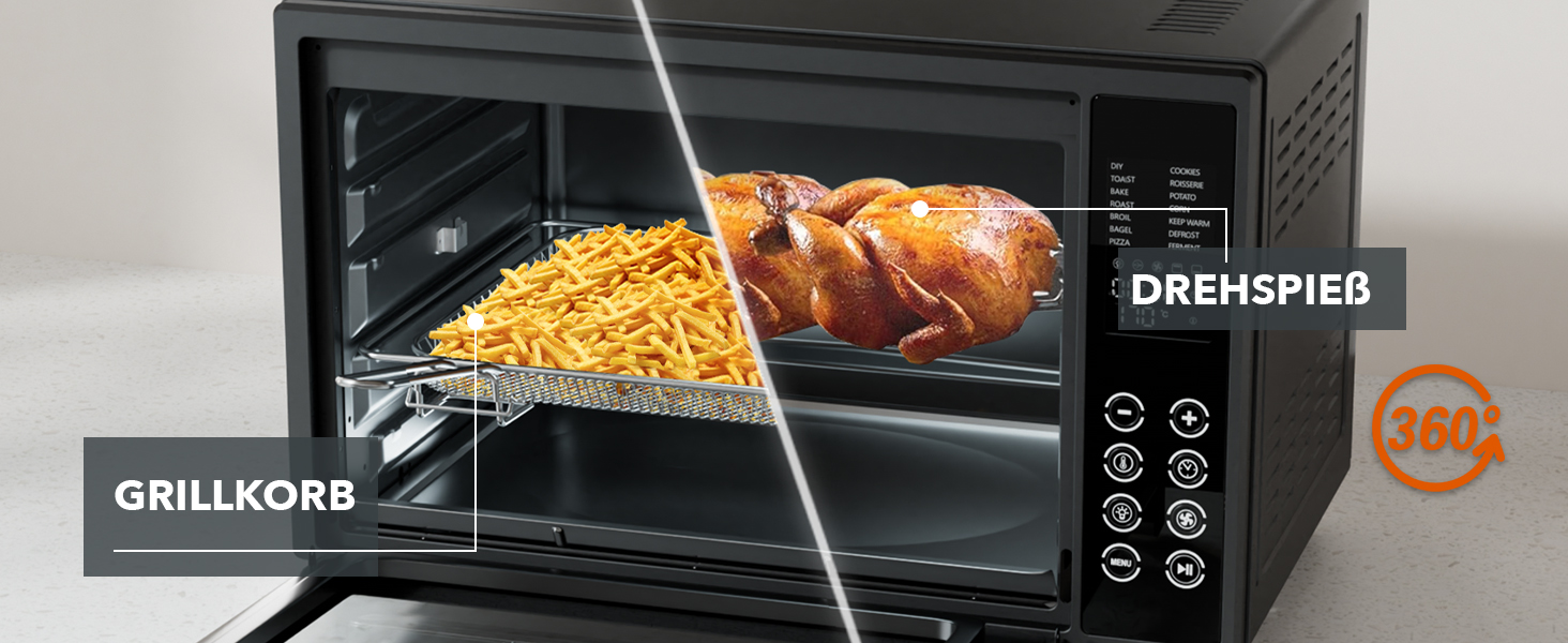 Багатофункціональна міні-піч Heinrich's з об'ємом 48л, конвекція, таймер 8год, підсвітка, 100-230°C, сенсорне керування, з аксесуарами, чорна, 2000W