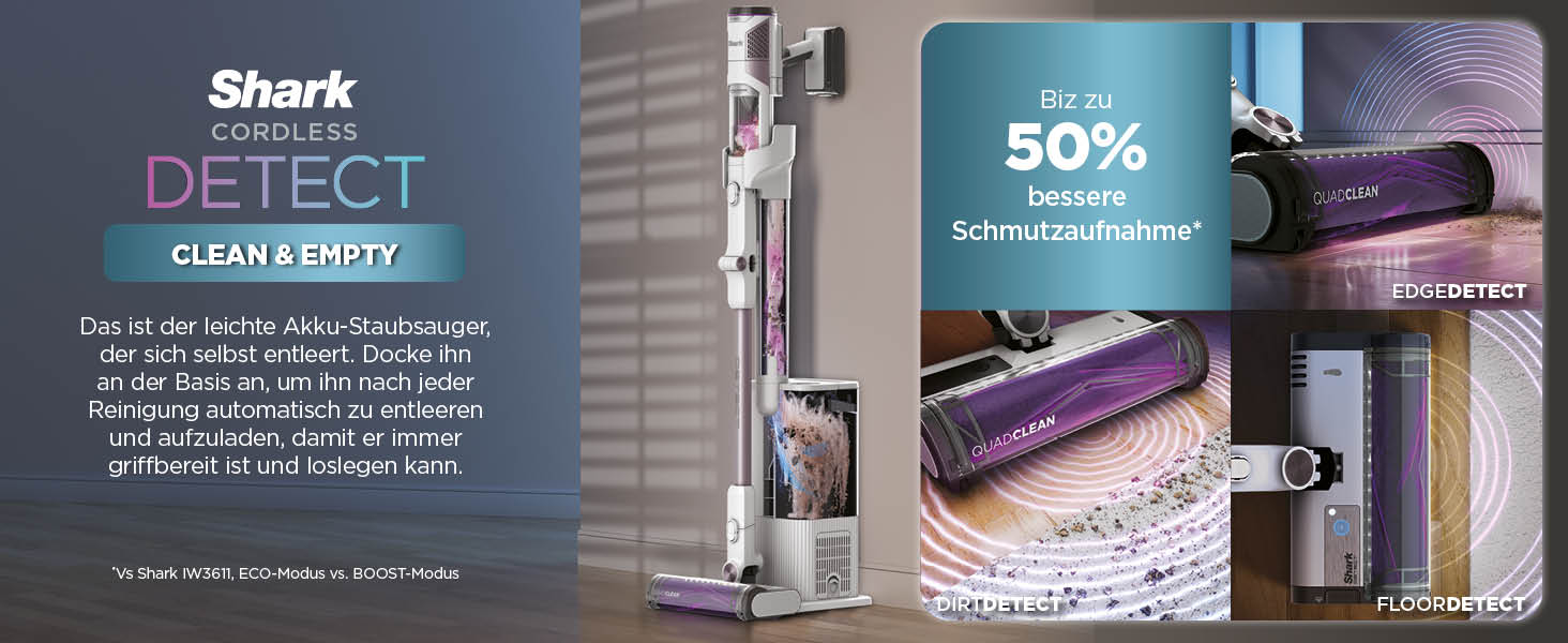 Shark акумуляторний пилосос Clean & Empty з базою самостійного очищення, до 40 хв роботи, бездротовий, для шерсті тварин, килимів та твердих підлог, з LED-підсвічуванням, тихий, білий/блакитний, BU3521EU