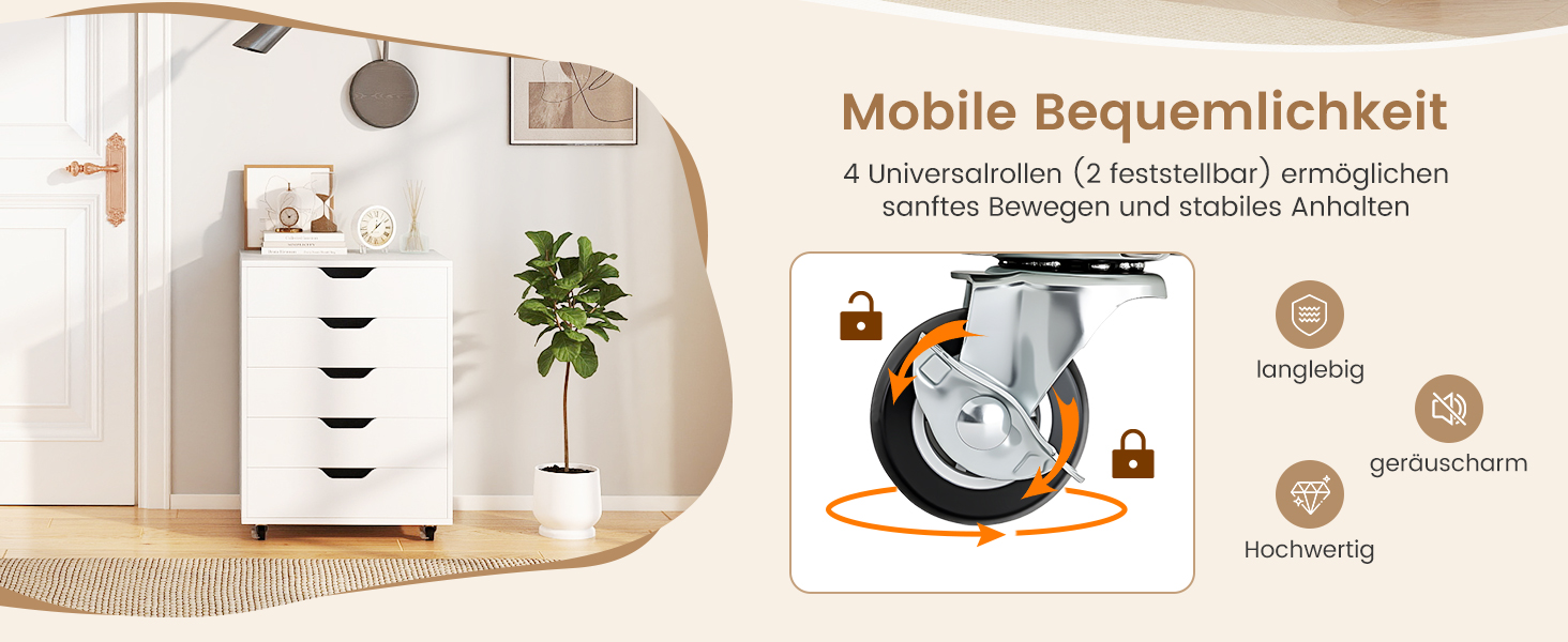 Роликовий контейнер GIANTEX з 5 шухлядами, офісний шафчик на колесах, тумбочка під стіл з дерева, друкарський столик для дому та офісу (білий, 49 x 40 x 65 см)