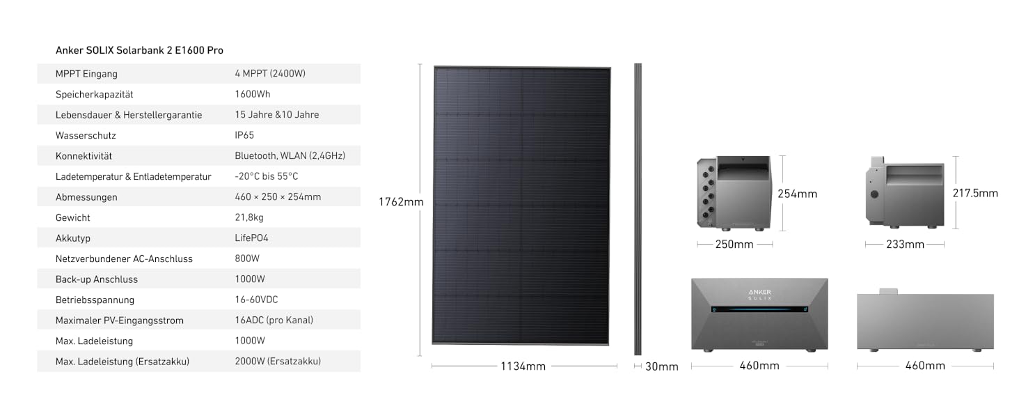 Сонячна електростанція Anker SOLIX для балкону (1780W | 3200Wh) з акумулятором Solarbank 2 E1600 Pro (1600Wh) та розширювальним акумулятором BP1600 (1600Wh), 4 панелі RS40T (445W), підставки, 4 MPPT, 1000W AC, Plug&Play