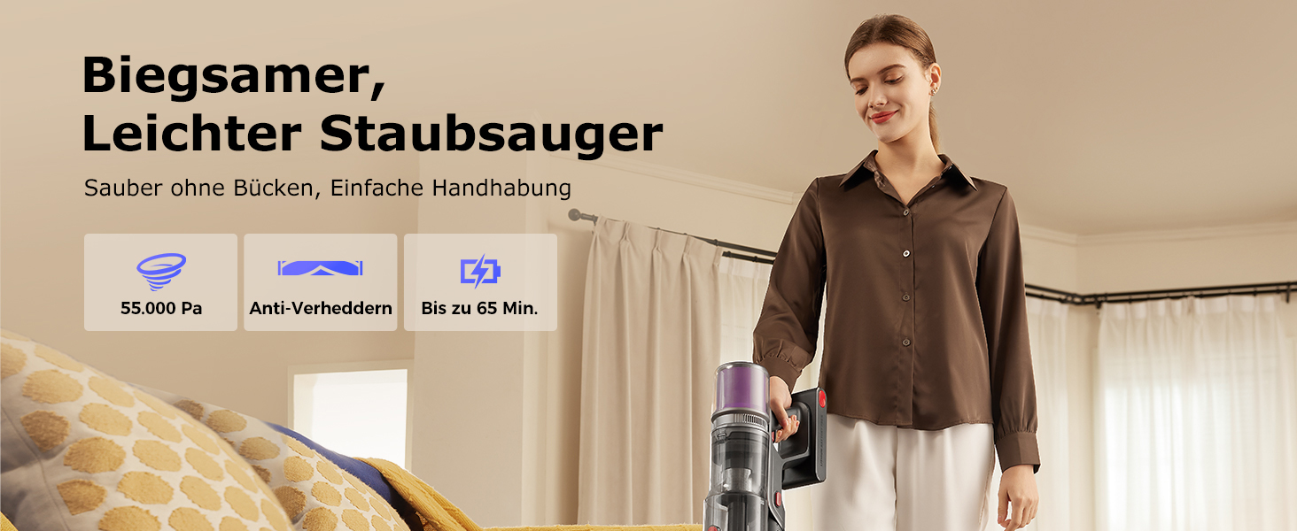 Бездротовий пилосос Proscenic P16: акумуляторний, 550W, 65 хв роботи, гнучкий згин, GreenEye, антизаплутувальна насадка, для килимів, твердих поверхонь, шерсті тварин, синій