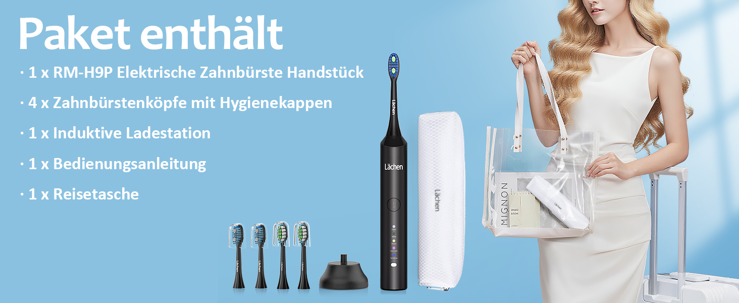 Електрична звукова зубна щітка Läschen з 5 режимами, кейс, 4 насадки, USB-зарядка, таймер, IPX7, чорна