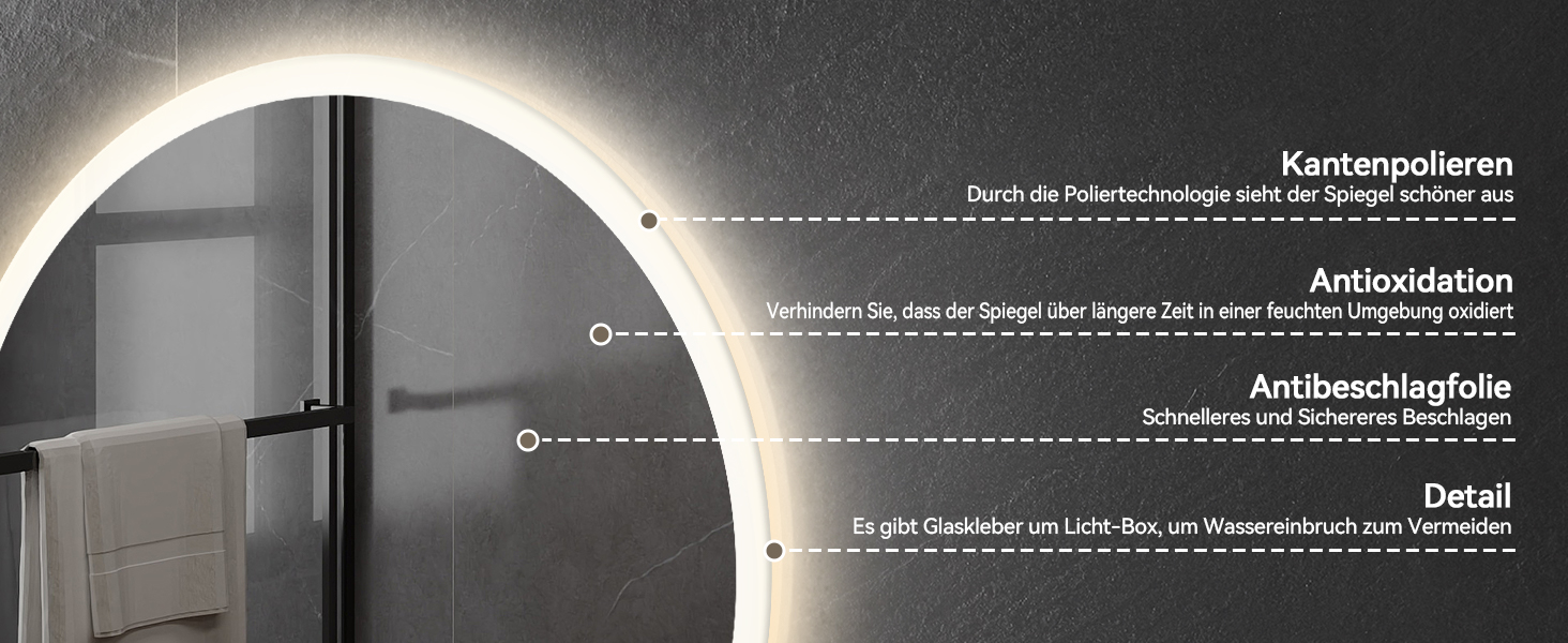 Дзеркало для ванної кімнати YOURLITE з підсвічуванням, діаметр 60 см, LED, 3 кольори, диммування, сенсорне управління, антизапар, пам'ять, IP44, білий