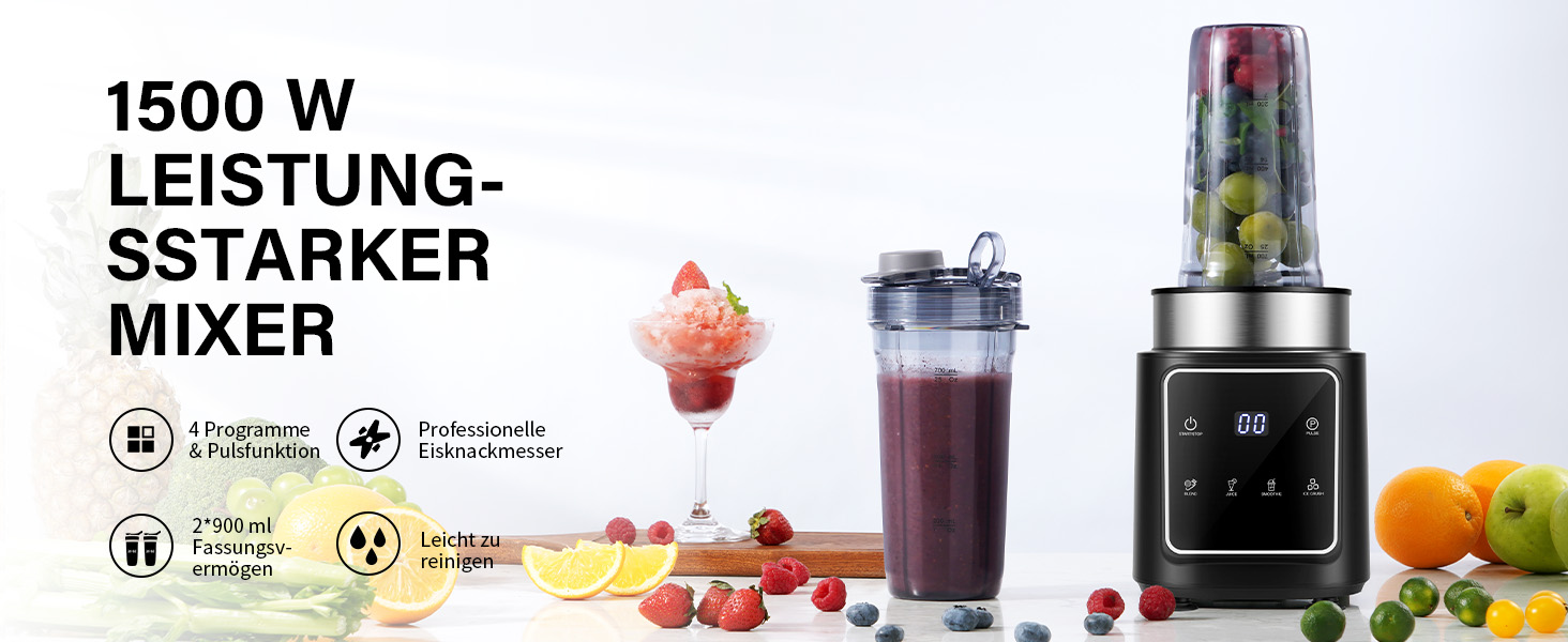 Блендер стаціонарний Standmixer 1500 Вт з льододробилкою (6 ножів) для смузі, коктейлів та заморожування фруктів, 2 пляшки 900 мл