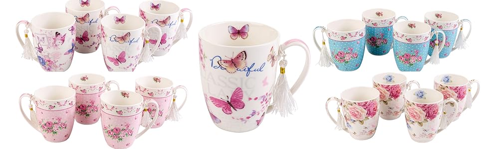 Набір чашок для кави London Boutique K414, рожевий, 330 мл, 4 шт. - кераміка, вінтажний стиль, для подарунка