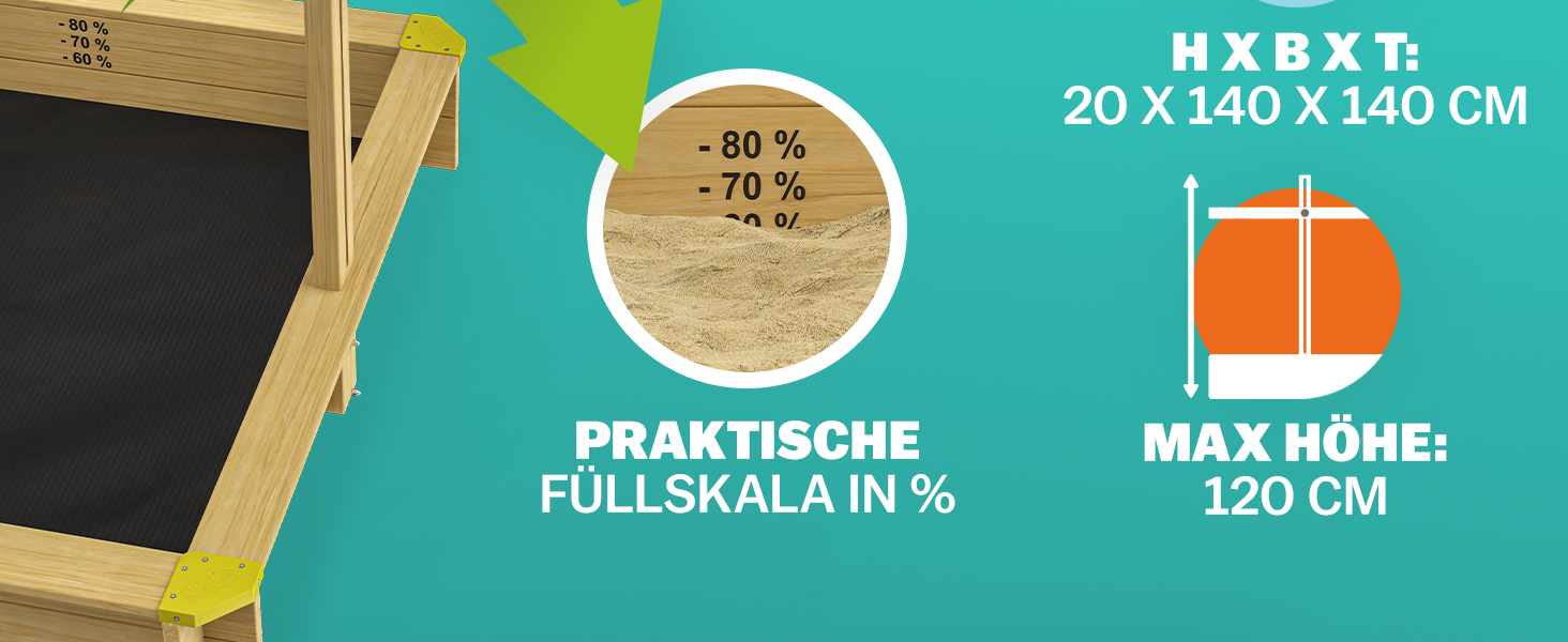 Пісочниця Spielwerk Sonnendach 120x120 см з дахом, натуральне дерево, захист від УФ, борти, підкладка, дитяча пісочниця Fritzi