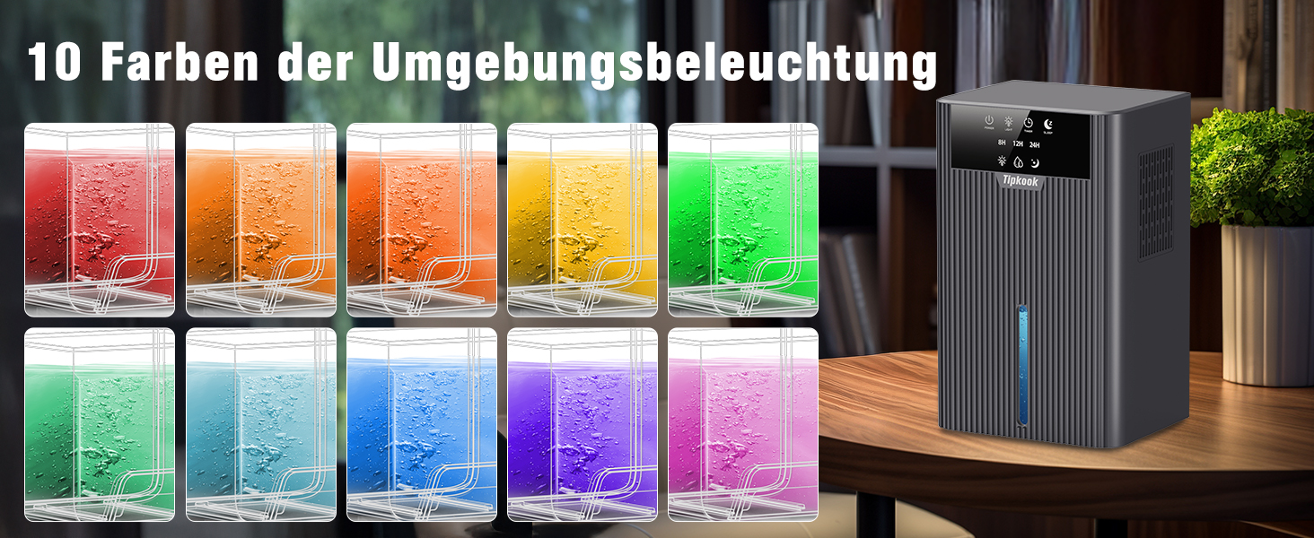 Електричний осушувач повітря Tipkook, 2400 мл, автоматичне відтавання, 10 кольорів підсвічування, таймер 8/12/24 год, ≤35 дБ, портативний для ванної, спальні, кухні, шафи, сірий