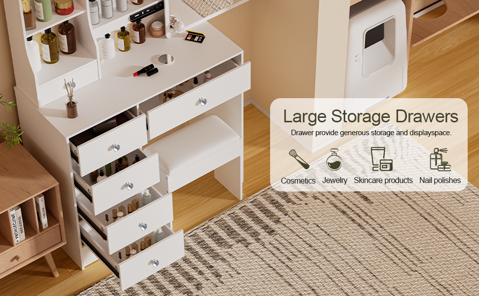 Туалетний столик зі світлом та дзеркалом, з пуфом, 6 шухляд та 6 полиць, 80x36x130 см, PE39