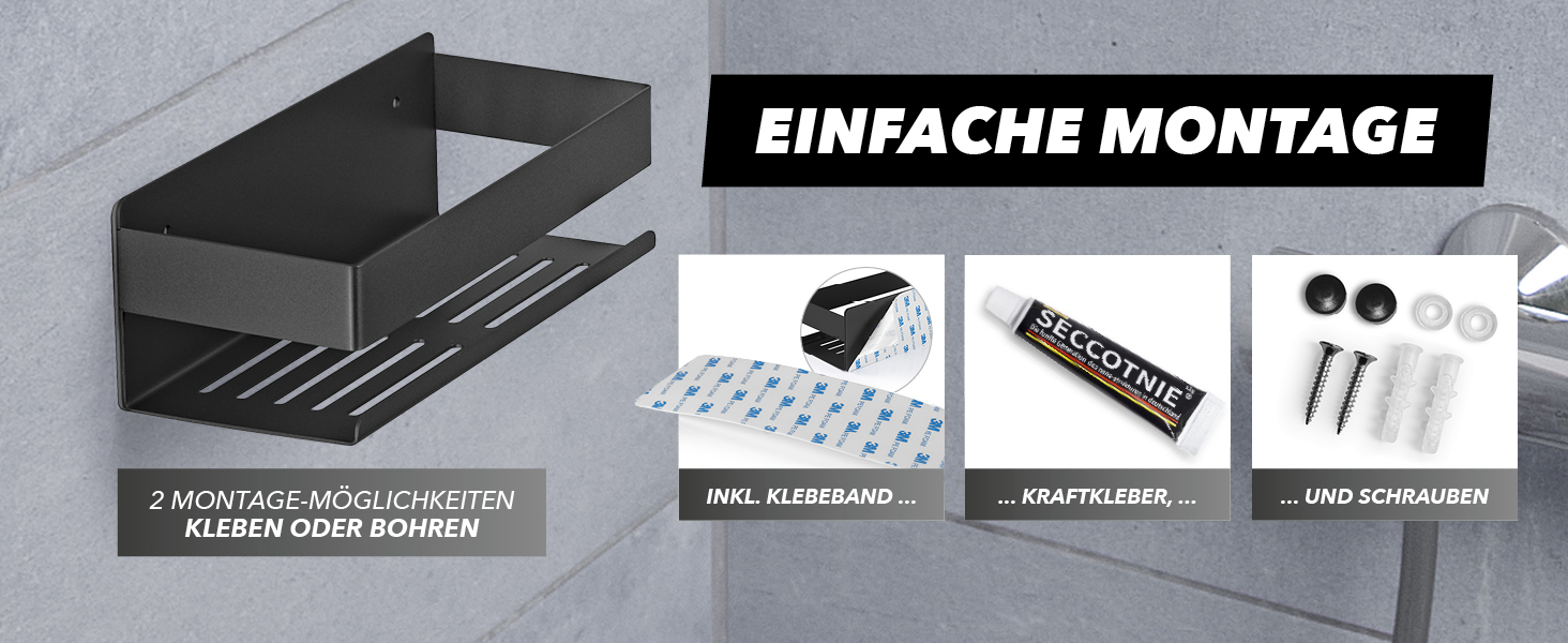 Набір душових полиць BENKSTEIN (2 шт.) | Полиці для душу з кріпленням на клей або свердління | Корзинка для душу без свердління | Тримач для гелю для душу та шампуню | Організатор для ванної кімнати, полиця для душу, срібна, 2 шт.