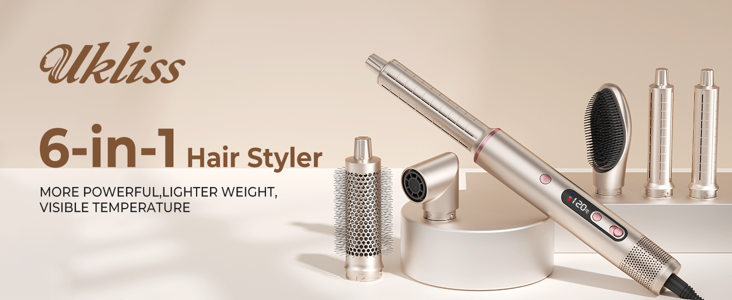 UKLISS Airstyler Pro 7 в 1: Фен-щітка з дифузором, 1400 Вт, 110 000 об/хв, професійний стайлер для сушіння, завивки та випрямлення волосся (Золотий)
