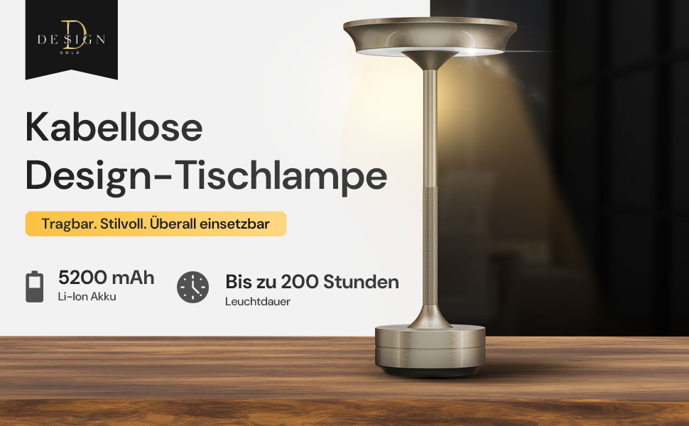 LED настільна лампа Designgold бездротова з акумулятором - стильний дизайн, 3 кольори світла, регулювання яскравості, для дому та на вулицю, срібна