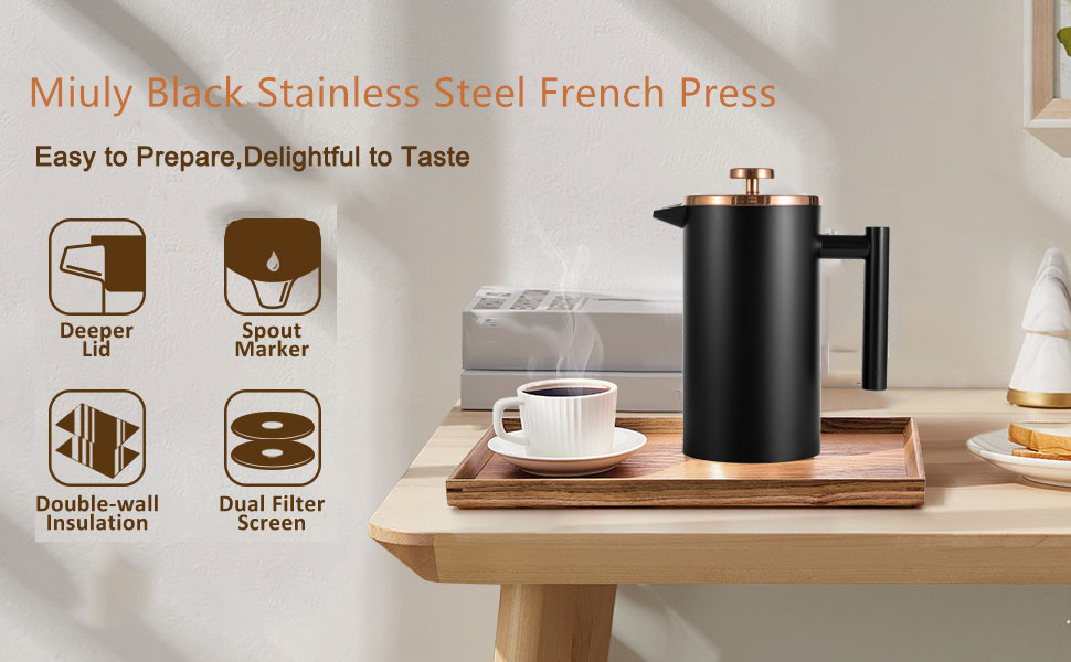 French Press MaxMiuly: Френч-прес для кави, 0,35 л, нержавіюча сталь, з подвійними стінками та 2 фільтрами (2 чашки)