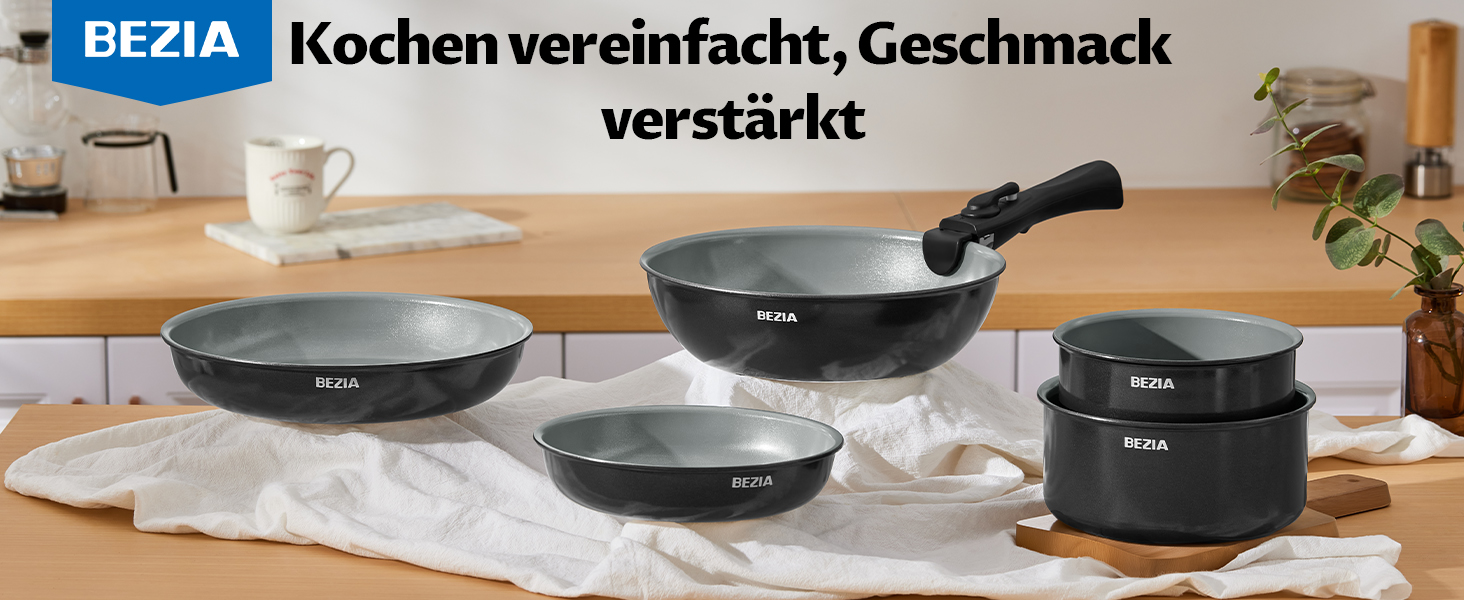 Набір антипригарних сковорідок BEZIA з суцільними ручками, для всіх плит, стакельне виконання, придатні для миття в посудомийній машині та духовці, без PFAS (сірий)