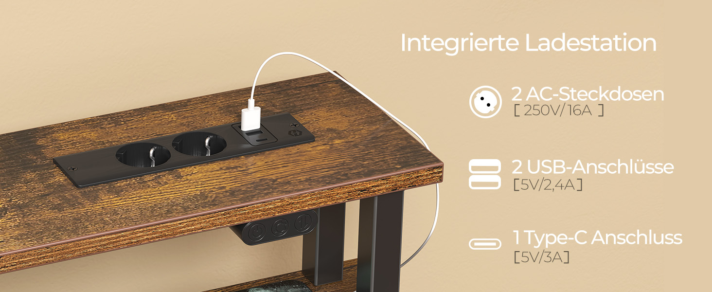 Комп'ютерний стіл Seventable з розетками та LED-підсвіткою, 100 см, геймінговий стіл з 5 висувними ящиками та підставкою для монітора, для офісу, кабінету, спальні, вітальні (Вінтажний коричневий)